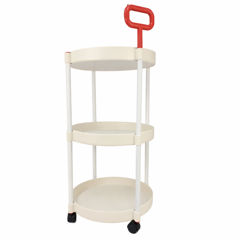 3 Tier Round Storage Trolley – ABS Plastic with Wheels & Handle – Beige with Red Grip