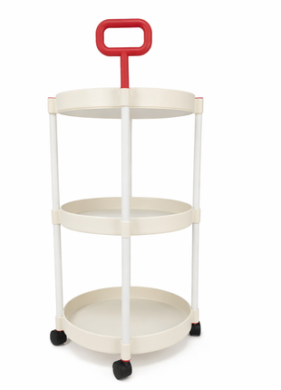 3 Tier Round Storage Trolley – ABS Plastic with Wheels & Handle – Beige with Red Grip