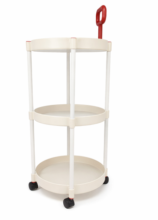 3 Tier Round Storage Trolley – ABS Plastic with Wheels & Handle – Beige with Red Grip