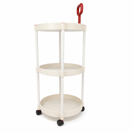 3 Tier Round Storage Trolley – ABS Plastic with Wheels & Handle – Beige with Red Grip