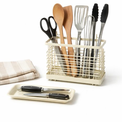 Kitchen Utensil Holder Rack 160mm Cream Coated Metal with Drip Tray – Sink or Counter Organizer