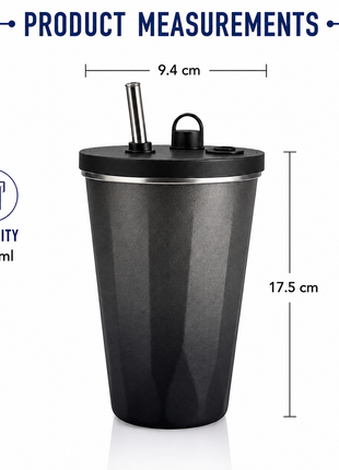 600ml Vacuum Insulated Stainless Steel Tumbler Cup with Lid & Reusable Straw-Black