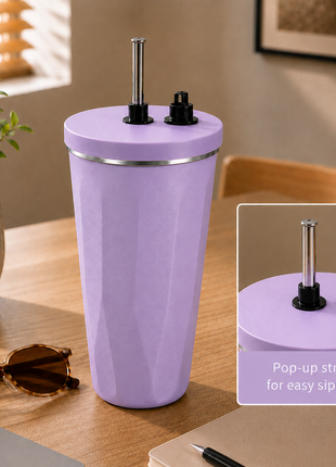 600ml Vacuum Insulated Stainless Steel Tumbler Cup with Lid & Reusable Straw-Purple