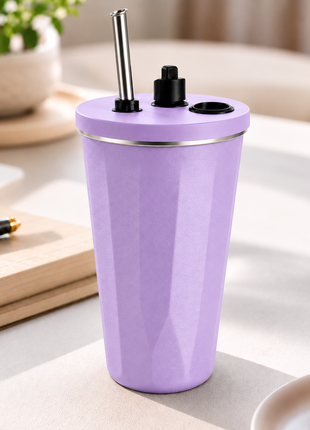 600ml Vacuum Insulated Stainless Steel Tumbler Cup with Lid & Reusable Straw-Purple