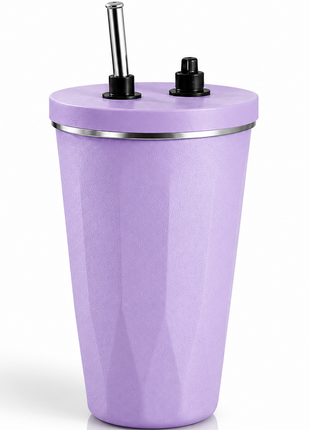 600ml Vacuum Insulated Stainless Steel Tumbler Cup with Lid & Reusable Straw-Purple