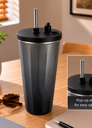 600ml Vacuum Insulated Stainless Steel Tumbler Cup with Lid & Reusable Straw-Black