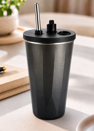 600ml Vacuum Insulated Stainless Steel Tumbler Cup with Lid & Reusable Straw-Black