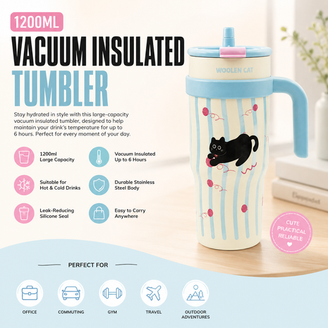 1200ml Vacuum Insulated Stainless Steel Tumbler with Handle & Straw Lid – 6 Hour Temperature Retention