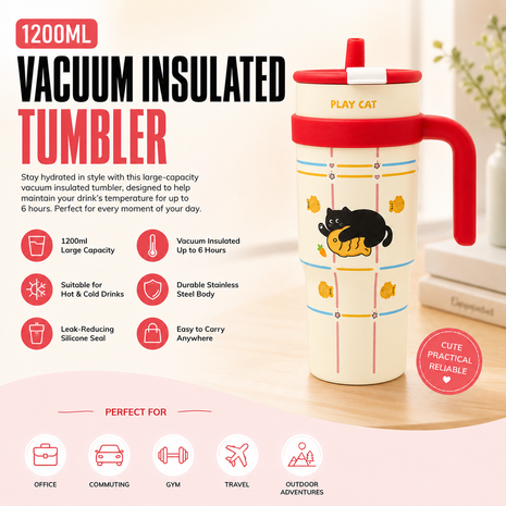 1200ml Vacuum Insulated Stainless Steel Tumbler with Handle & Straw Lid – 6 Hour Temperature Retention Pink
