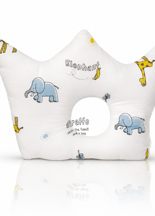 Baby Crown Shaped Infant Head Support Pillow with Elephant & Giraffe Print Soft Cushion White