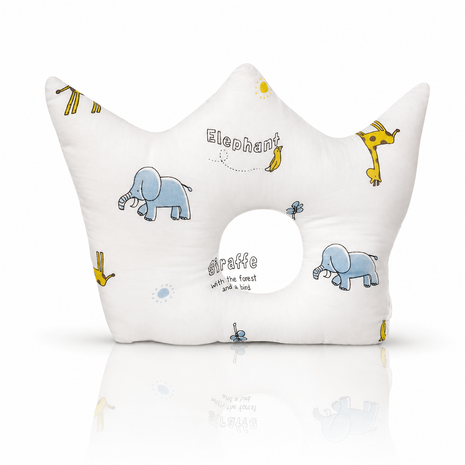 Baby Crown Shaped Infant Head Support Pillow with Elephant & Giraffe Print Soft Cushion White
