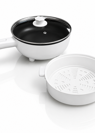 Electric Frying Pot with Glass Lid & Steamer Basket White ABS Plastic