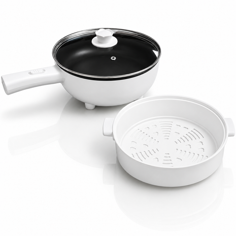 Electric Frying Pot with Glass Lid & Steamer Basket White ABS Plastic