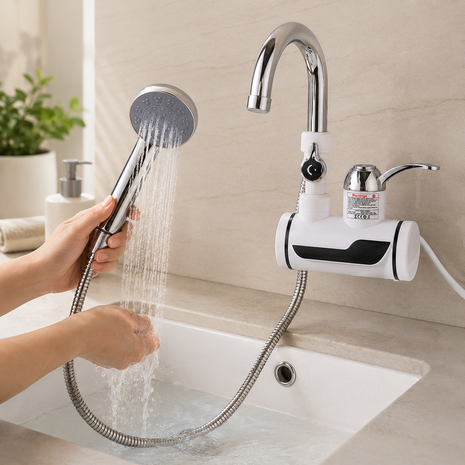 Instant Electric Water Heater Faucet with Hand Shower, Digital Temperature Display, 220V, Anti-Leak Protection