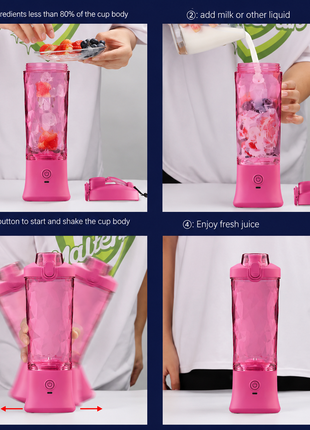 Portable Blender 600 ml USB-C Rechargeable 6-Blade Personal Smoothie and Shake Maker -Pink