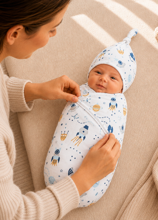 Luxury Cotton Baby Swaddle Wrap with Cap, Velcro Closure, Assorted Patterns