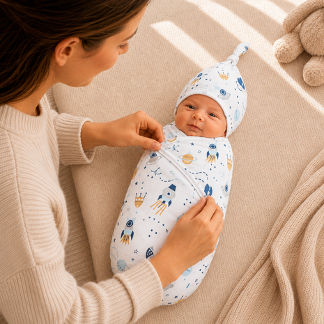 Luxury Cotton Baby Swaddle Wrap with Cap, Velcro Closure, Assorted Patterns