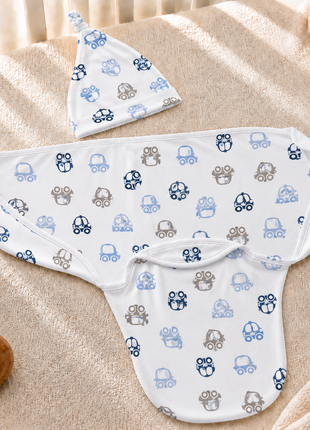 Luxury Cotton Baby Swaddle Wrap with Cap, Velcro Closure, Assorted Patterns