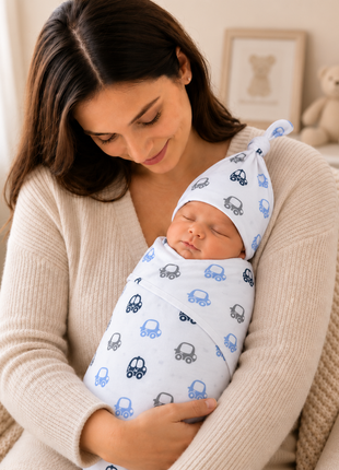 Luxury Cotton Baby Swaddle Wrap with Cap, Velcro Closure, Assorted Patterns