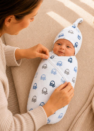 Luxury Cotton Baby Swaddle Wrap with Cap, Velcro Closure, Assorted Patterns