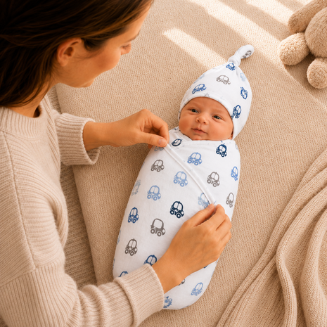 Luxury Cotton Baby Swaddle Wrap with Cap, Velcro Closure, Assorted Patterns