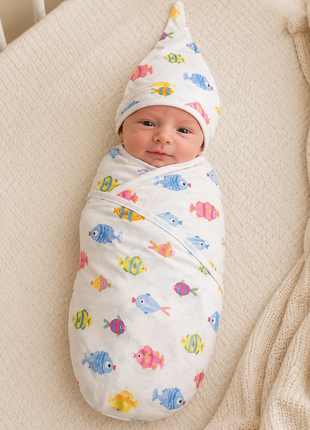 Luxury Cotton Baby Swaddle Wrap with Cap, Velcro Closure, Assorted Patterns