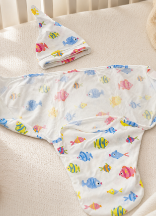 Luxury Cotton Baby Swaddle Wrap with Cap, Velcro Closure, Assorted Patterns