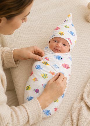 Luxury Cotton Baby Swaddle Wrap with Cap, Velcro Closure, Assorted Patterns