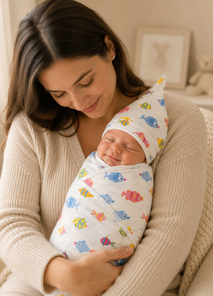 Luxury Cotton Baby Swaddle Wrap with Cap, Velcro Closure, Assorted Patterns