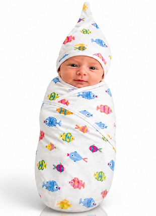 Luxury Cotton Baby Swaddle Wrap with Cap, Velcro Closure, Assorted Patterns
