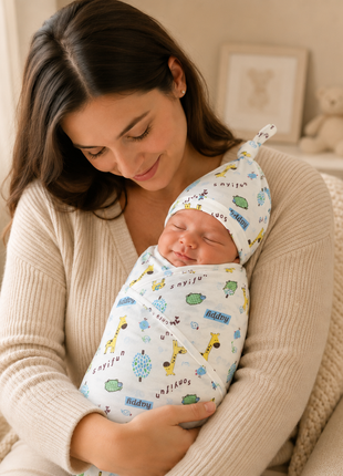 Luxury Cotton Baby Swaddle Wrap with Cap, Velcro Closure, Assorted Patterns