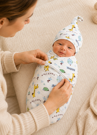 Luxury Cotton Baby Swaddle Wrap with Cap, Velcro Closure, Assorted Patterns