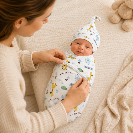 Luxury Cotton Baby Swaddle Wrap with Cap, Velcro Closure, Assorted Patterns