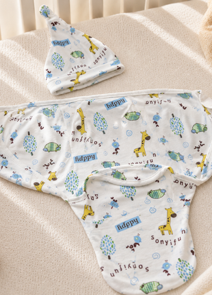 Luxury Cotton Baby Swaddle Wrap with Cap, Velcro Closure, Assorted Patterns