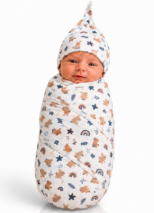 Luxury Cotton Baby Swaddle Wrap with Cap, Velcro Closure, Assorted Patterns