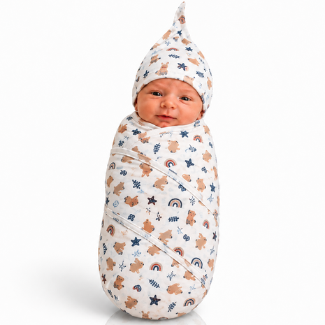 Luxury Cotton Baby Swaddle Wrap with Cap, Velcro Closure, Assorted Patterns