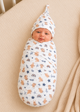 Luxury Cotton Baby Swaddle Wrap with Cap, Velcro Closure, Assorted Patterns