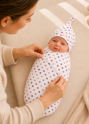 Luxury Cotton Baby Swaddle Wrap with Cap, Velcro Closure, Assorted Patterns