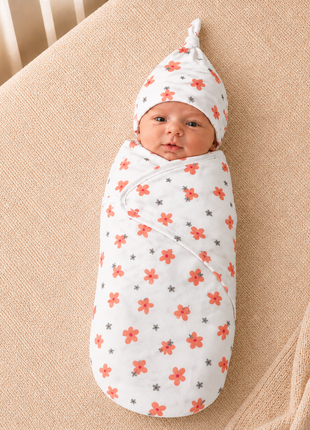Luxury Cotton Baby Swaddle Wrap with Cap, Velcro Closure, Assorted Patterns