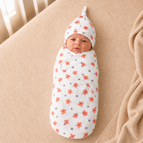 Luxury Cotton Baby Swaddle Wrap with Cap, Velcro Closure, Assorted Patterns