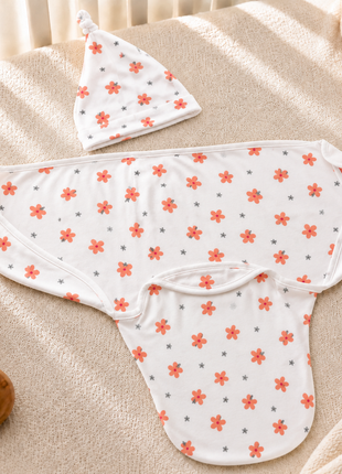 Luxury Cotton Baby Swaddle Wrap with Cap, Velcro Closure, Assorted Patterns
