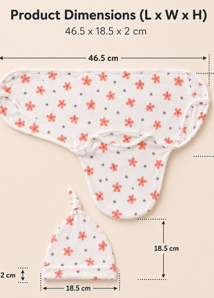 Luxury Cotton Baby Swaddle Wrap with Cap, Velcro Closure, Assorted Patterns