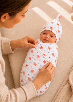 Luxury Cotton Baby Swaddle Wrap with Cap, Velcro Closure, Assorted Patterns