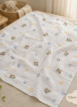 100% Cotton Muslin Baby Swaddle Blanket 110 x 110 cm Lightweight Breathable Soft Newborn Wrap Bear