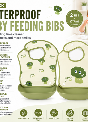 PEVA Baby Feeding Bib 2 Pack with Detachable Soft Plastic Food Catching Trays, Waterproof Roll-Up Design, Press Stud Button Closure