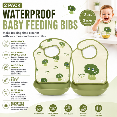 PEVA Baby Feeding Bib 2 Pack with Detachable Soft Plastic Food Catching Trays, Waterproof Roll-Up Design, Press Stud Button Closure
