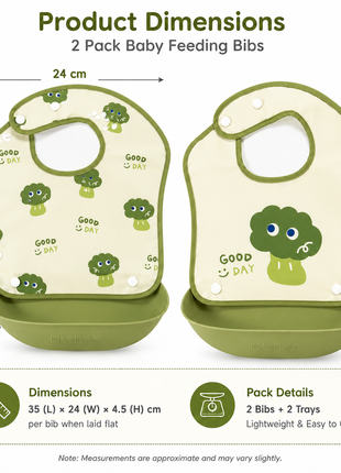PEVA Baby Feeding Bib 2 Pack with Detachable Soft Plastic Food Catching Trays, Waterproof Roll-Up Design, Press Stud Button Closure