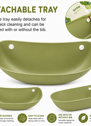 PEVA Baby Feeding Bib 2 Pack with Detachable Soft Plastic Food Catching Trays, Waterproof Roll-Up Design, Press Stud Button Closure