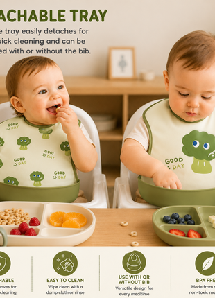 PEVA Baby Feeding Bib 2 Pack with Detachable Soft Plastic Food Catching Trays, Waterproof Roll-Up Design, Press Stud Button Closure