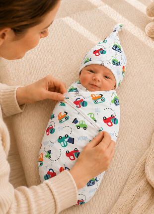 Luxury Cotton Baby Swaddle Wrap with Cap, Velcro Closure, Assorted Patterns